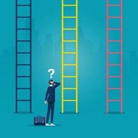 Businessman standing in front of ladders and confused making decision in business illustration. Choices, career growth, confused mind concept. ladder to get success symbol vector