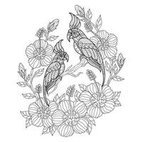 Cokatoo and flowers hand drawn for adult coloring book vector