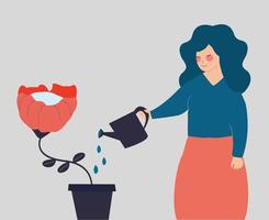 Female watering a rose in the pot. Young woman gardener grows a red flower. Girl takes care of her plants. Earth day, education, green planet, ecology, forestation, Mental health, wellbeing concept. vector