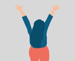 Happy woman with raised hands. A joyful girl joins events with her open arms. Concept of happiness, inner peace, positive thinking, optimism and mental health wellbeing, bye, goodbye. Back view. vector