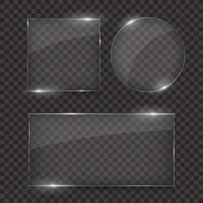 Glass plates, Set of different glass shapes, glass frames isolated on transparent background