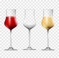 Wine transparent glasses, vector set realistic 3d style