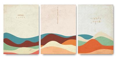 Grunge covers templates set with japanese waves patterns and geometric curve hand drawn shapes oriental style vector