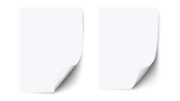 White blank sheet paper with curled corner and shadow, paper mockups vector