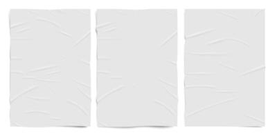 Textura de papel blanco mal pegado, hojas de papel con efecto arrugado húmedo, conjunto realista de vectores