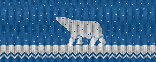 Knitted winter blue vector background with polar bear and snow