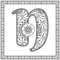 Letter N made of flowers in mehndi style. coloring book page. outline hand-draw vector illustration.