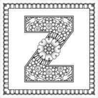 Letter z made of flowers in mehndi style. coloring book page. outline hand-draw vector illustration.