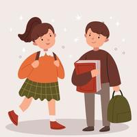 Boy and girl go to school. Modern school uniform. Books and a backpack. vector
