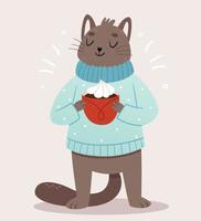 un lindo gato gris con un acogedor suéter azul cálido está sirviendo un hermoso cacao. Ilustración de invierno. vector