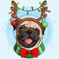 Funny smiling Christmas Pug dog head wearing Reindeer antlers with lights, Xmas Pug dog vector