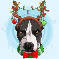 Divertida cabeza de perro pitbull de navidad grave con cuernos de reno con luces, perro pitbull de navidad vector