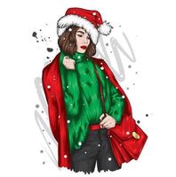 Pretty girl in Christmas clothes. Fashion and style, clothing and accessories. vector