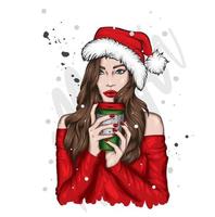 Pretty girl in Christmas clothes and coffee. Fashion and style, clothing and accessories. vector