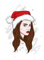 Portrait of a beautiful girl in a Christmas hat. Fashion and Style. vector