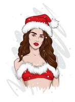 Portrait of a beautiful girl in a Christmas hat. Fashion and Style. vector