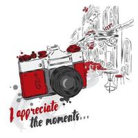 Vintage camera. Illustration for a postcard, poster or print on clothes. vector