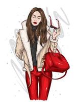 Beautiful girl in stylish clothes. New Year's and Christmas. vector