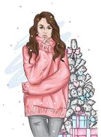 Beautiful girl in stylish clothes and a Christmas tree. Vintage and retro, fashion and style. vector