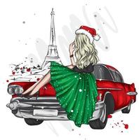 Pretty girl in Christmas clothes and a retro car. Fashion and style, clothing and accessories. vector