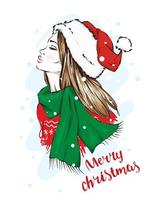 Beautiful girl in stylish clothes. New Year's and Christmas. vector