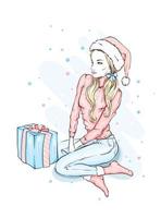 Beautiful girl in stylish clothes. New Year's and Christmas. vector