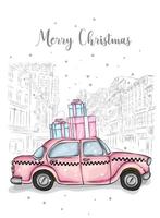 Taxi with New Year's gifts on the roof. Winter and snow, new year and christmas. Vector illustration for a card or poster. Car.