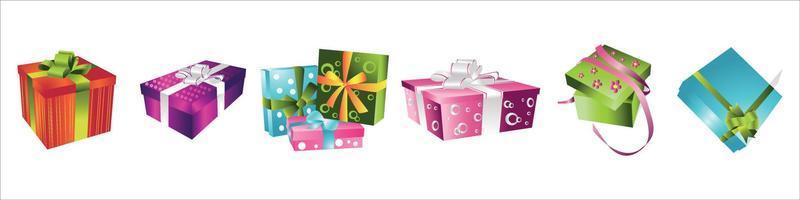 Set of colorful retro gift boxes with bows and ribbons. vector