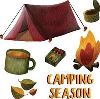 Set of watercolor painted camping supplies clipart. Hand drawn isolated on white background vector