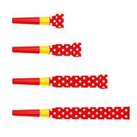 Party blowers, horns, noisemakers, whistles. Top view. Celebration, fun time, party favors, kids birthday concept vector