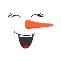 Laughing snowman face. Funny snow man head with closed eyes, open ha ha mouth and carrot nose vector