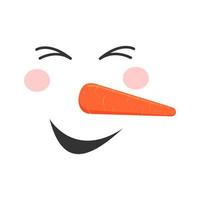 Laughing snowman face. Cute snowman head with closing eyes, smiling mouth, carrot nose and enjoyment emotion. Winter holidays design vector