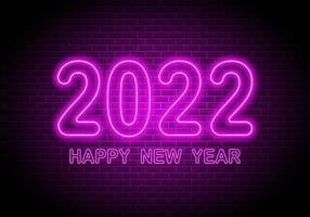 2022 numbers neon sign. Bright Happy New Year text on brick wall background vector