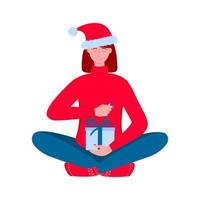 Woman in Santa hat holding gift box and opening it. Unpacking Christmas present concept vector