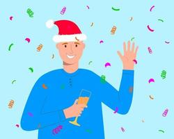 Smiling young man in Santa hat holding glass with champagne and waving hand for greeting. Happy guy celebrating Christmas, New Year vector