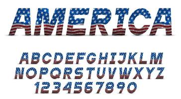 Font with USA flag grange texture, alphabet letters,numbers
