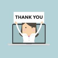 Businesswoman holding Thank you sign in computer notebook. vector