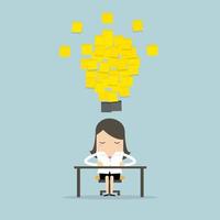 Businesswoman working with yellow stick note light bulb idea. vector