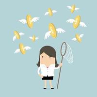 Businesswoman catch flying coins. vector