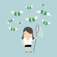 Businesswoman catch flying coins. vector