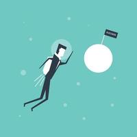 Businessman flying to successful entrepreneurs planet. vector