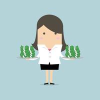 Businesswoman serve money on the plate. vector