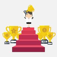 Success businesswoman character standing in a podium holding up a trophy as she celebrates her victory. vector