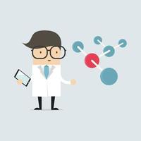 Scientist with big molecule and tablet. vector