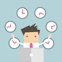 Businessman working with many clocks. vector