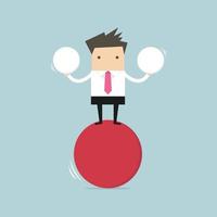 Businessman balancing on red ball holding two spheres. vector