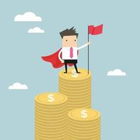 Businessman with winners flag standing on money coin. vector