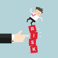 Businessman standing on shaky risk blocks by hand of manager. vector