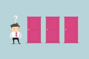 Businessman standing beside three doors, unable to make the right decision concept with question marks above his head. vector