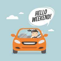 Businessman traveling by car and say Hello weekend. vector